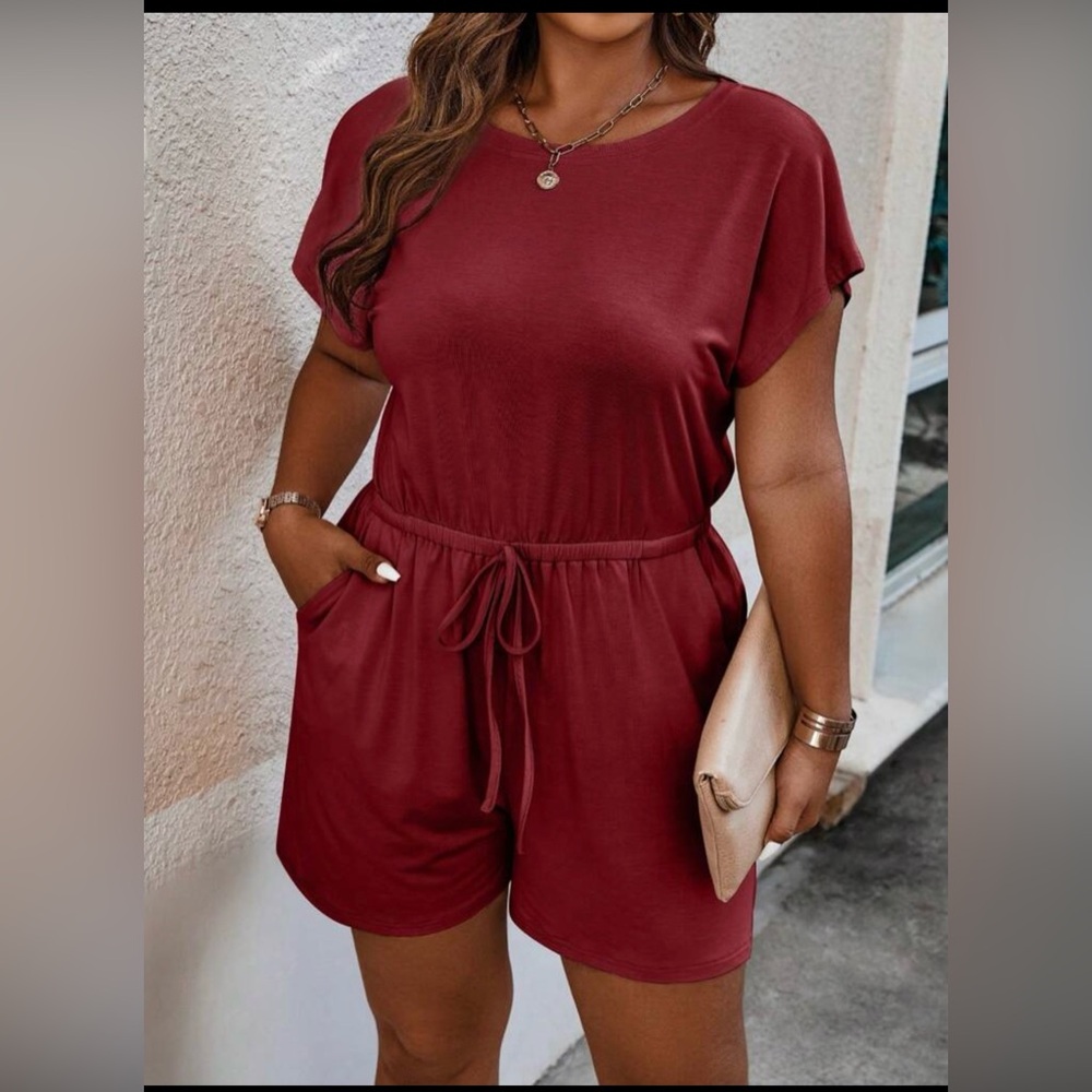 SHEIN Women's Burgundy Round Neck Waist Tie Romper